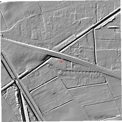 Shaded relief map of the ground around PR98FR, computed from Environment Agency LiDAR. The ground here sits at about 4 m above sea level and falls 9 m across the surrounding 800 m. Surface water reaching this point runs off ground lying to the north-west, 1.7 m higher.