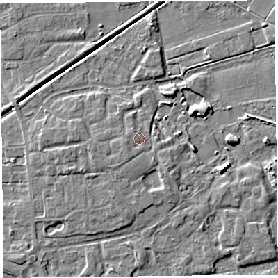 Shaded relief map of the ground around PR98FU, computed from Environment Agency LiDAR. The ground here sits at about 6 m above sea level and falls 6 m across the surrounding 800 m. Surface water reaching this point runs off ground lying to the south-west, 1.0 m higher.