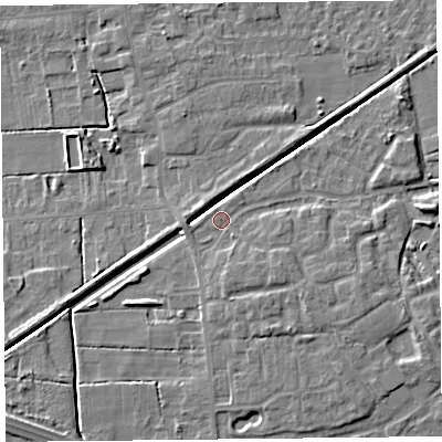 Shaded relief map of the ground around PR98FY, computed from Environment Agency LiDAR. The ground here sits at about 4 m above sea level and falls 5 m across the surrounding 800 m. Surface water reaching this point runs off ground lying to the south-east, 1.9 m higher.