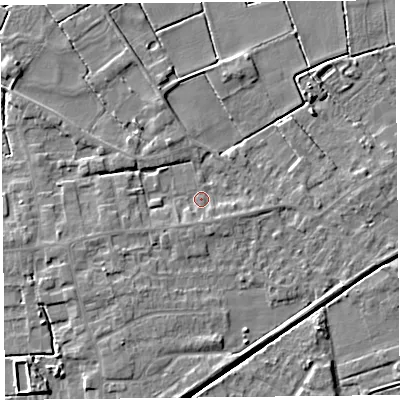 Shaded relief map of the ground around PR98GR, computed from Environment Agency LiDAR. The ground here sits at about 3 m above sea level and falls 4 m across the surrounding 800 m. Surface water reaching this point runs off ground lying to the south-south-west, 2.0 m higher.