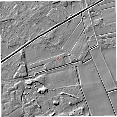 Shaded relief map of the ground around PR98GS, computed from Environment Agency LiDAR. The ground here sits at about 3 m above sea level and falls 6 m across the surrounding 800 m. Surface water reaching this point runs off ground lying to the west-south-west, 0.6 m higher.