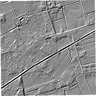 Shaded relief map of the ground around PR98GT, computed from Environment Agency LiDAR. The ground here sits at about 4 m above sea level and falls 5 m across the surrounding 800 m. The ground contributing surface water to this point lies to the east-south-east.