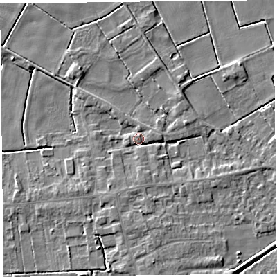 Shaded relief map of the ground around PR98GU, computed from Environment Agency LiDAR. The ground here sits at about 4 m above sea level and falls 4 m across the surrounding 800 m. Surface water reaching this point runs off ground lying to the south-south-west, 2.9 m higher.