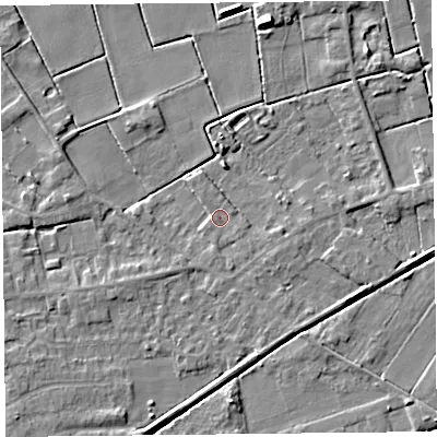 Shaded relief map of the ground around PR98GW, computed from Environment Agency LiDAR. The ground here sits at about 3 m above sea level and falls 6 m across the surrounding 800 m. Surface water reaching this point runs off ground lying to the south-south-west, 3.6 m higher.