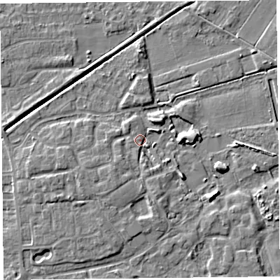 Shaded relief map of the ground around PR98GX, computed from Environment Agency LiDAR. The ground here sits at about 4 m above sea level and falls 6 m across the surrounding 800 m. Surface water reaching this point runs off ground lying to the south-west, 3.0 m higher.