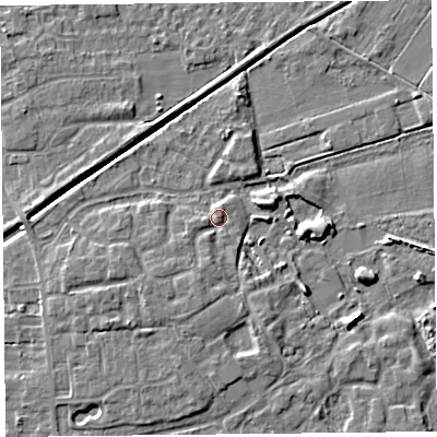 Shaded relief map of the ground around PR98GY, computed from Environment Agency LiDAR. The ground here sits at about 5 m above sea level and falls 6 m across the surrounding 800 m. Surface water reaching this point runs off ground lying to the south-south-west, 1.9 m higher.