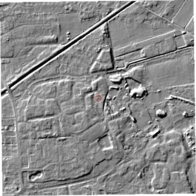 Shaded relief map of the ground around PR98GZ, computed from Environment Agency LiDAR. The ground here sits at about 5 m above sea level and falls 6 m across the surrounding 800 m. Surface water reaching this point runs off ground lying to the south-west, 1.5 m higher.