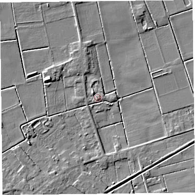 Shaded relief map of the ground around PR98HA, computed from Environment Agency LiDAR. The ground here sits at about 4 m above sea level and falls 6 m across the surrounding 800 m. Surface water reaching this point runs off ground lying to the north-west, 3.6 m higher.