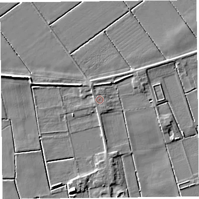 Shaded relief map of the ground around PR98HB, computed from Environment Agency LiDAR. The ground here sits at about 4 m above sea level and falls 6 m across the surrounding 800 m. The ground contributing surface water to this point lies to the north-north-west.