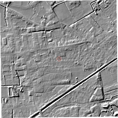 Shaded relief map of the ground around PR98HE, computed from Environment Agency LiDAR. The ground here sits at about 4 m above sea level and falls 5 m across the surrounding 800 m. Surface water reaching this point runs off ground lying to the south, 3.9 m higher.