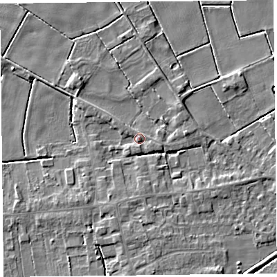 Shaded relief map of the ground around PR98HH, computed from Environment Agency LiDAR. The ground here sits at about 4 m above sea level and falls 4 m across the surrounding 800 m. Surface water reaching this point runs off ground lying to the north-north-east, 1.8 m higher.