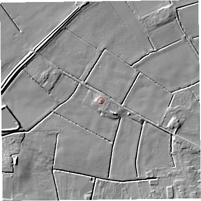 Shaded relief map of the ground around PR98HJ, computed from Environment Agency LiDAR. The ground here sits at about 5 m above sea level and falls 6 m across the surrounding 800 m. Surface water reaching this point runs off ground lying to the south, 0.8 m higher.