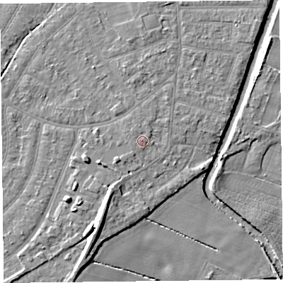 Shaded relief map of the ground around PR98HN, computed from Environment Agency LiDAR. The ground here sits at about 5 m above sea level and falls 10 m across the surrounding 800 m. The ground contributing surface water to this point lies to the north-west.