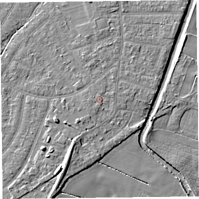 Shaded relief map of the ground around PR98HP, computed from Environment Agency LiDAR. The ground here sits at about 5 m above sea level and falls 9 m across the surrounding 800 m. Surface water reaching this point runs off ground lying to the north, 1.0 m higher.