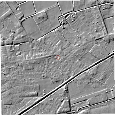 Shaded relief map of the ground around PR98HQ, computed from Environment Agency LiDAR. The ground here sits at about 3 m above sea level and falls 5 m across the surrounding 800 m. Surface water reaching this point runs off ground lying to the south-south-west, 3.9 m higher.