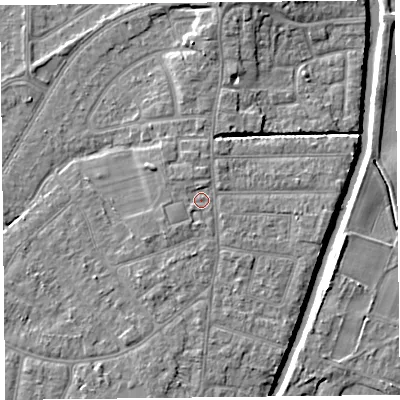 Shaded relief map of the ground around PR98HT, computed from Environment Agency LiDAR. The ground here sits at about 6 m above sea level and falls 7 m across the surrounding 800 m. Surface water reaching this point runs off ground lying to the north, 0.8 m higher.