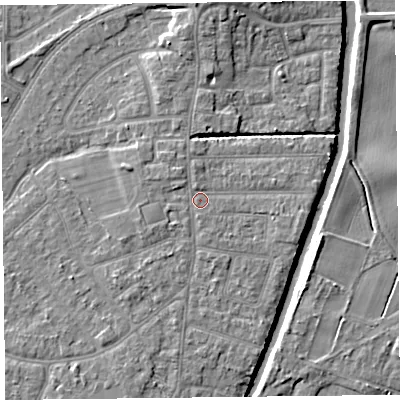 Shaded relief map of the ground around PR98HU, computed from Environment Agency LiDAR. The ground here sits at about 6 m above sea level and falls 7 m across the surrounding 800 m. Surface water reaching this point runs off ground lying to the west-north-west, 1.1 m higher.