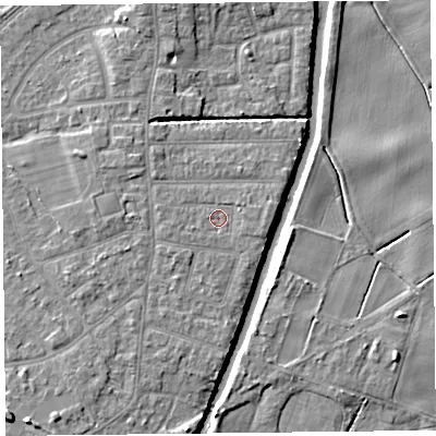 Shaded relief map of the ground around PR98HX, computed from Environment Agency LiDAR. The ground here sits at about 5 m above sea level and falls 6 m across the surrounding 800 m. Surface water reaching this point runs off ground lying to the west-south-west, 0.8 m higher.