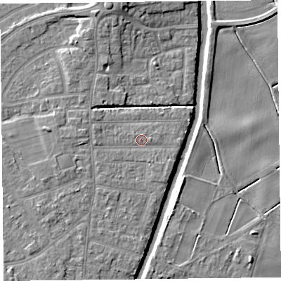 Shaded relief map of the ground around PR98HY, computed from Environment Agency LiDAR. The ground here sits at about 5 m above sea level and falls 8 m across the surrounding 800 m. Surface water reaching this point runs off ground lying to the west, 1.5 m higher.