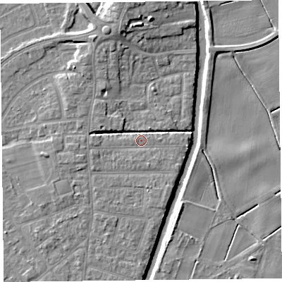 Shaded relief map of the ground around PR98HZ, computed from Environment Agency LiDAR. The ground here sits at about 5 m above sea level and falls 9 m across the surrounding 800 m. Surface water reaching this point runs off ground lying to the north-west, 4.2 m higher.