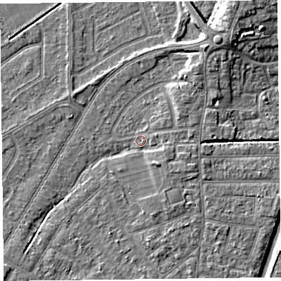Shaded relief map of the ground around PR98JA, computed from Environment Agency LiDAR. The ground here sits at about 5 m above sea level and falls 9 m across the surrounding 800 m. Surface water reaching this point runs off ground lying to the south-east, 2.6 m higher.
