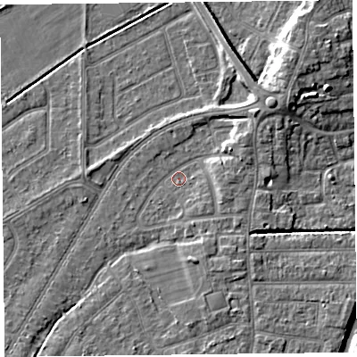 Shaded relief map of the ground around PR98JB, computed from Environment Agency LiDAR. The ground here sits at about 5 m above sea level and falls 9 m across the surrounding 800 m. Surface water reaching this point runs off ground lying to the north-east, 4.6 m higher.