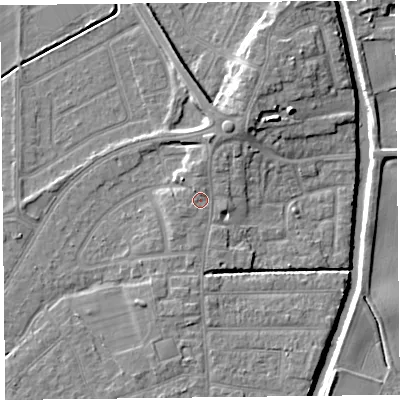 Shaded relief map of the ground around PR98JD, computed from Environment Agency LiDAR. The ground here sits at about 6 m above sea level and falls 9 m across the surrounding 800 m. Surface water reaching this point runs off ground lying to the north-north-west, 0.9 m higher.