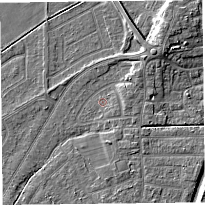 Shaded relief map of the ground around PR98JE, computed from Environment Agency LiDAR. The ground here sits at about 5 m above sea level and falls 9 m across the surrounding 800 m. Surface water reaching this point runs off ground lying to the south-east, 1.3 m higher.