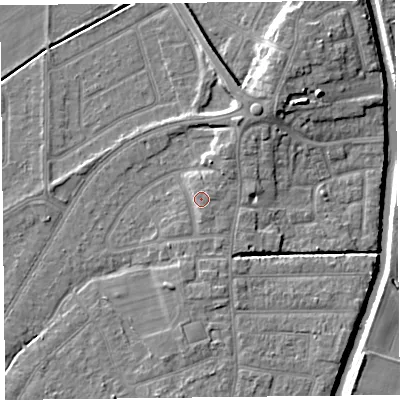 Shaded relief map of the ground around PR98JF, computed from Environment Agency LiDAR. The ground here sits at about 6 m above sea level and falls 9 m across the surrounding 800 m. Surface water reaching this point runs off ground lying to the north-north-east, 1.5 m higher.