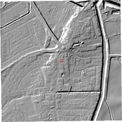 Shaded relief map of the ground around PR98JH, computed from Environment Agency LiDAR. The ground here sits at about 7 m above sea level and falls 11 m across the surrounding 800 m. Surface water reaching this point runs off ground lying to the north-east, 1.2 m higher.