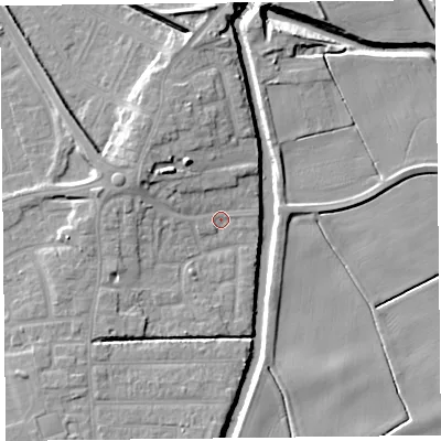 Shaded relief map of the ground around PR98JJ, computed from Environment Agency LiDAR. The ground here sits at about 4 m above sea level and falls 11 m across the surrounding 800 m. Surface water reaching this point runs off ground lying to the west-north-west, 4.7 m higher.