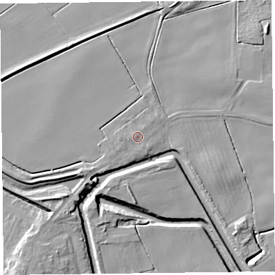 Shaded relief map of the ground around PR98JL, computed from Environment Agency LiDAR. The ground here sits at about 4 m above sea level and falls 11 m across the surrounding 800 m. Surface water reaching this point runs off ground lying to the south-west, 0.9 m higher.