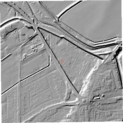 Shaded relief map of the ground around PR98JN, computed from Environment Agency LiDAR. The ground here sits at about 5 m above sea level and falls 11 m across the surrounding 800 m. Surface water reaching this point runs off ground lying to the south-east, 7.0 m higher.