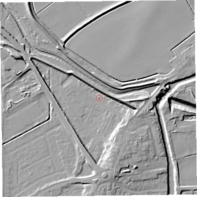 Shaded relief map of the ground around PR98JP, computed from Environment Agency LiDAR. The ground here sits at about 5 m above sea level and falls 12 m across the surrounding 800 m. Surface water reaching this point runs off ground lying to the south-south-east, 7.0 m higher.