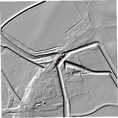 Shaded relief map of the ground around PR98JQ, computed from Environment Agency LiDAR. The ground here sits at about 5 m above sea level and falls 11 m across the surrounding 800 m. Surface water reaching this point runs off ground lying to the west-south-west, 2.0 m higher.