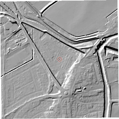 Shaded relief map of the ground around PR98JR, computed from Environment Agency LiDAR. The ground here sits at about 5 m above sea level and falls 12 m across the surrounding 800 m. Surface water reaching this point runs off ground lying to the south-east, 7.0 m higher.