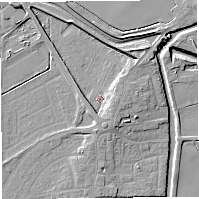 Shaded relief map of the ground around PR98JS, computed from Environment Agency LiDAR. The ground here sits at about 5 m above sea level and falls 12 m across the surrounding 800 m. Surface water reaching this point runs off ground lying to the east, 7.0 m higher.