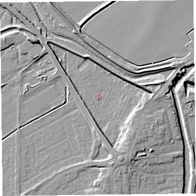 Shaded relief map of the ground around PR98JT, computed from Environment Agency LiDAR. The ground here sits at about 5 m above sea level and falls 12 m across the surrounding 800 m. Surface water reaching this point runs off ground lying to the south-east, 7.0 m higher.