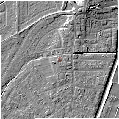 Shaded relief map of the ground around PR98JU, computed from Environment Agency LiDAR. The ground here sits at about 6 m above sea level and falls 9 m across the surrounding 800 m. Surface water reaching this point runs off ground lying to the south-south-east, 0.8 m higher.