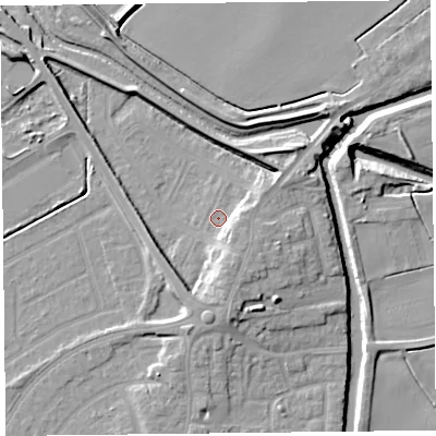 Shaded relief map of the ground around PR98JW, computed from Environment Agency LiDAR. The ground here sits at about 5 m above sea level and falls 12 m across the surrounding 800 m. Surface water reaching this point runs off ground lying to the south-south-east, 7.0 m higher.
