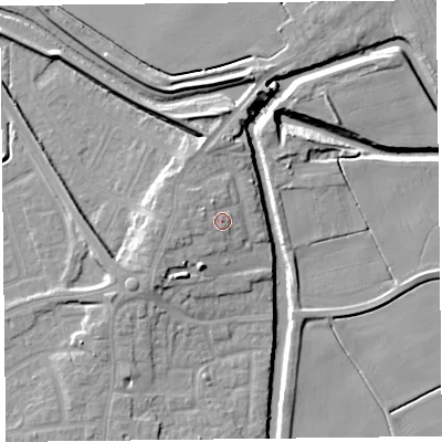 Shaded relief map of the ground around PR98JX, computed from Environment Agency LiDAR. The ground here sits at about 7 m above sea level and falls 11 m across the surrounding 800 m. Surface water reaching this point runs off ground lying to the west, 2.3 m higher.