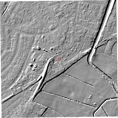 Shaded relief map of the ground around PR98JY, computed from Environment Agency LiDAR. The ground here sits at about 5 m above sea level and falls 10 m across the surrounding 800 m. Surface water reaching this point runs off ground lying to the south-west, 4.9 m higher.