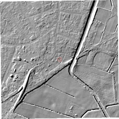 Shaded relief map of the ground around PR98LB, computed from Environment Agency LiDAR. The ground here sits at about 4 m above sea level and falls 10 m across the surrounding 800 m. Surface water reaching this point runs off ground lying to the south-west, 5.5 m higher.