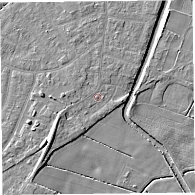 Shaded relief map of the ground around PR98LD, computed from Environment Agency LiDAR. The ground here sits at about 5 m above sea level and falls 10 m across the surrounding 800 m. Surface water reaching this point runs off ground lying to the west-south-west, 2.4 m higher.