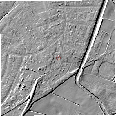 Shaded relief map of the ground around PR98LE, computed from Environment Agency LiDAR. The ground here sits at about 5 m above sea level and falls 10 m across the surrounding 800 m. Surface water reaching this point runs off ground lying to the north-north-west, 1.2 m higher.