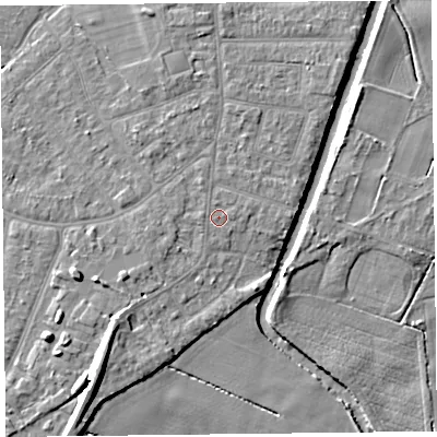 Shaded relief map of the ground around PR98LF, computed from Environment Agency LiDAR. The ground here sits at about 5 m above sea level and falls 9 m across the surrounding 800 m. Surface water reaching this point runs off ground lying to the north-north-west, 0.6 m higher.