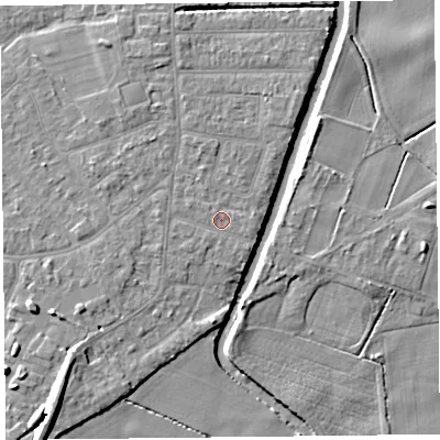 Shaded relief map of the ground around PR98LG, computed from Environment Agency LiDAR. The ground here sits at about 5 m above sea level and falls 9 m across the surrounding 800 m. Surface water reaching this point runs off ground lying to the west, 0.7 m higher.