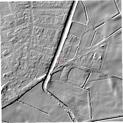 Shaded relief map of the ground around PR98LH, computed from Environment Agency LiDAR. The ground here sits at about 4 m above sea level and falls 7 m across the surrounding 800 m. Surface water reaching this point runs off ground lying to the north-north-east, 0.6 m higher.