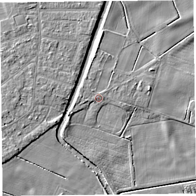 Shaded relief map of the ground around PR98LJ, computed from Environment Agency LiDAR. The ground here sits at about 4 m above sea level and falls 6 m across the surrounding 800 m. Surface water reaching this point runs off ground lying to the north-north-east, 2.1 m higher.