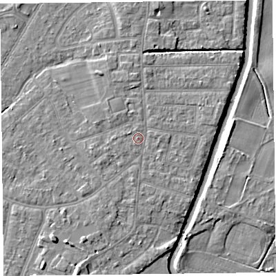 Shaded relief map of the ground around PR98LL, computed from Environment Agency LiDAR. The ground here sits at about 5 m above sea level and falls 6 m across the surrounding 800 m. Surface water reaching this point runs off ground lying to the north-north-east, 1.1 m higher.